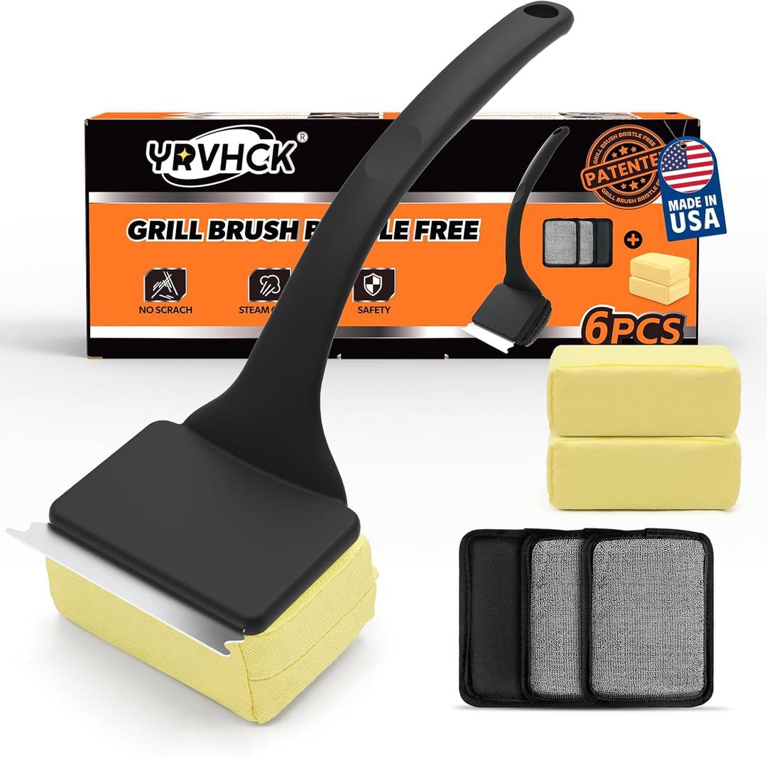 Grill Brush Bristle Free, Grill Brush with 5 Replacement Heads, Grill Cleaner Brush for Outdoor Grill, Cast Iron, Stainless Steel Grates, Grill Scraper Outdoor BBQ Grill, Dad Father Gift, Black