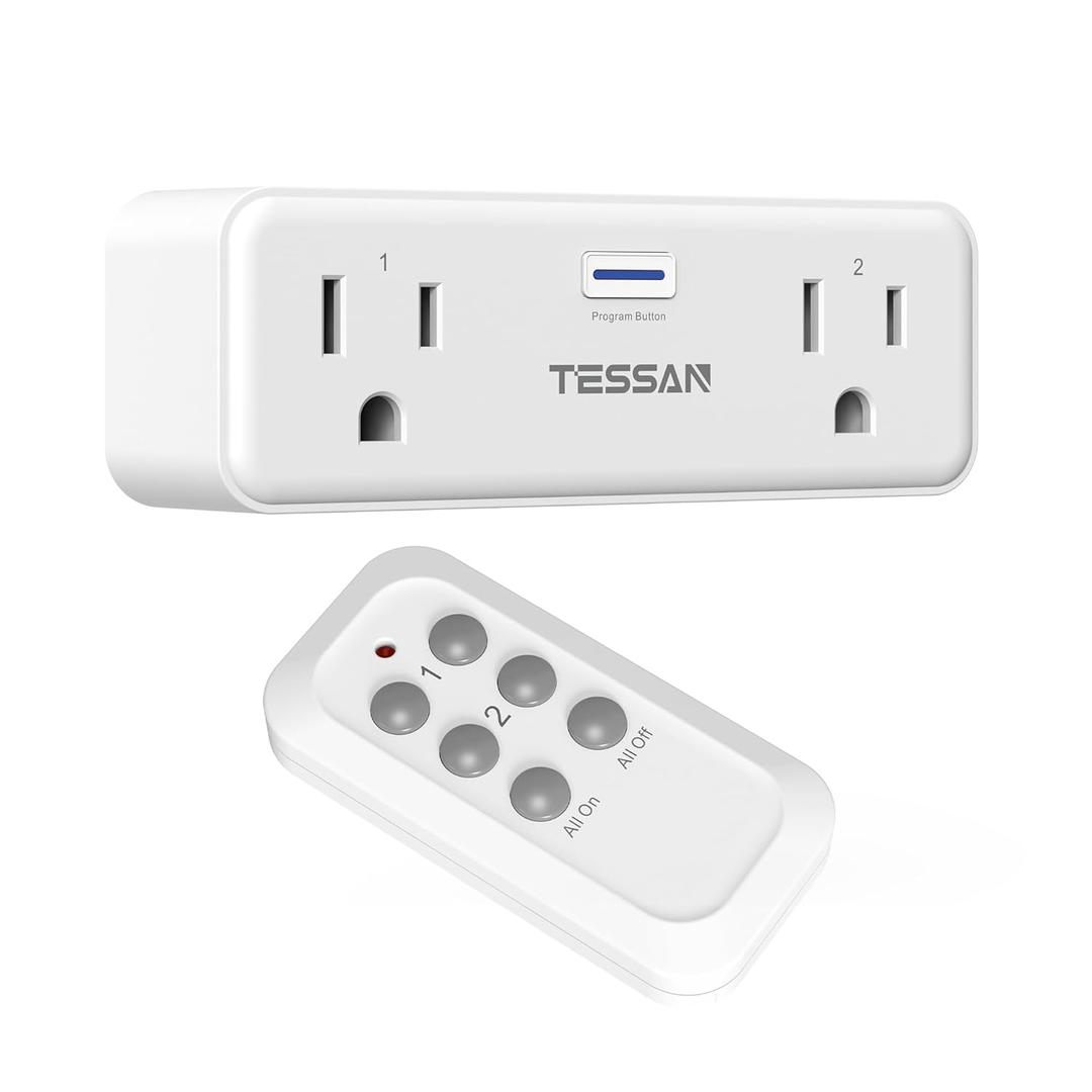 TESSAN Remote Control Outlet Plug, Wireless Light Switch with 2 Independent Sockets, ON/ Off Remote Outlet Switch for Indoor Lights, Lamps, Fans, Home Small Appliances, 100 Ft Range, 1875W