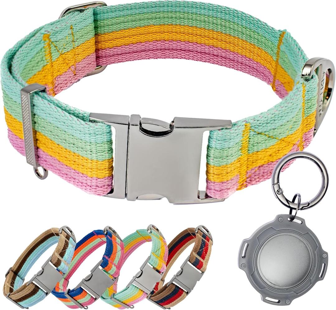 ADITYNA Cotton Dog Collar with AirTag Holder - Heavy-Duty Metal Buckle, Breathable, Easy Adjustable for Medium & Large Breeds - for Walking, Training (Pastel Paradise, Fits 15-21" Necks)