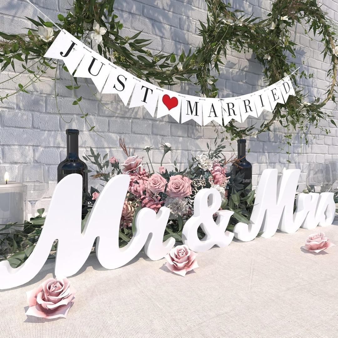 Large White Wooden Mr & Mrs Sign with Just Married Banner White Sweetheart Table Decorations & Photo Props for Anniversary Parties