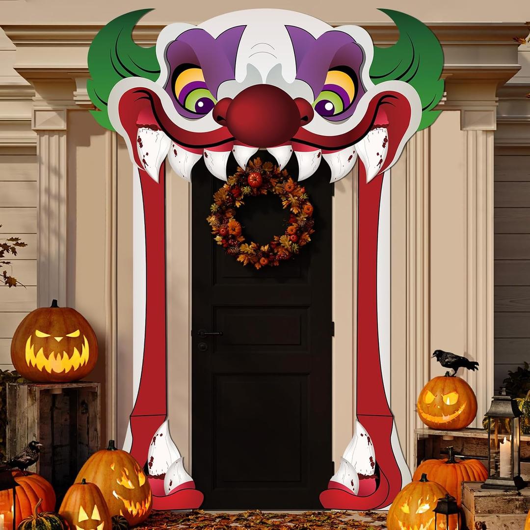 Halloween Clown Party Door Banner Creepy Clown Theme Door Hanging Decoration Horror Clown Scary Stand Up Background Banner for Carnival Halloween Party Photo Booth Props Favor Supplies