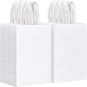 OUTUXED 150pcs White Paper Bags with Handles, 5.25x3.2x8 Inches Small Gift Bags Bulk for Shopping, Birthday, Wedding, Merchandise and Business Party