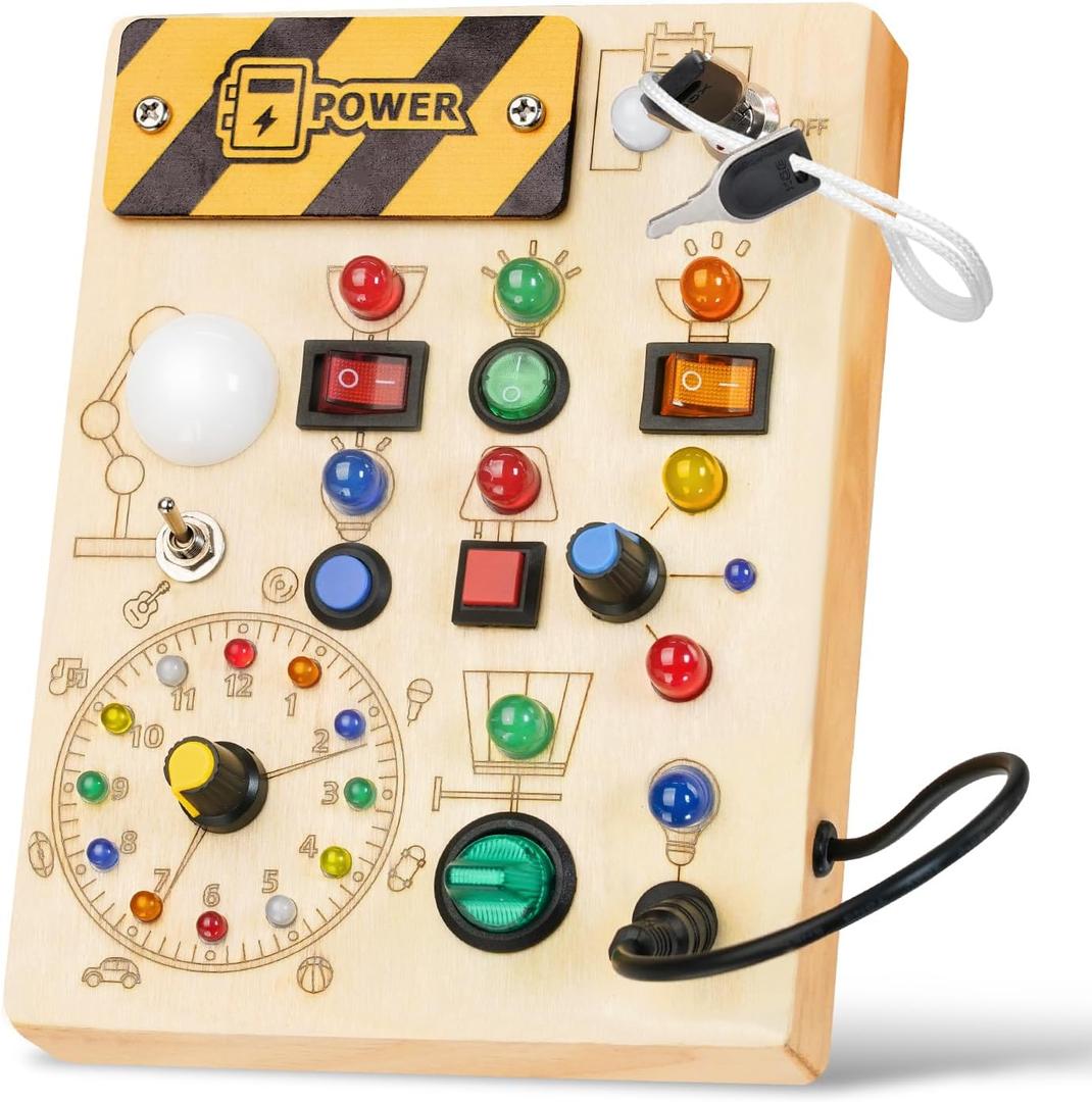 Montessori Busy Board Toys: Wooden Sensory Toy for Toddler with LED Light Up Switch, Educational/Christmas/Birthday Gifts for 1-3 Year Old Boys & Girls