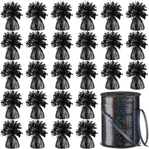 Yunsailing 24 Pcs Balloon Weights Metallic Anchor Balloon Holder for Helium Balloons Heavy Table Weights and 1 Roll Iridescent Crimped Ribbon for Birthday Wedding Baby Shower Party(Black)