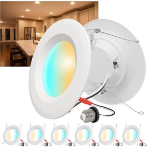 6 Inch LED Recessed Lighting 6 Pack, Retrofit LED Can Lights, 5CCT Recessed Lights, Selectable 2700K/3000K/3500K/4000K/5000K, 1050LM, 9.5W Eqv 110W, IC & Wet Rated, ETL & FCC, Smooth Trim