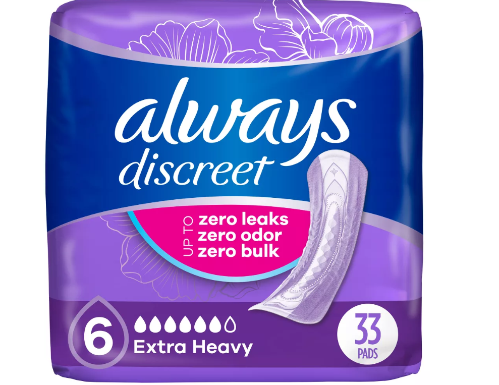Always Discreet Adult Incontinence Pads for Women, Extra Heavy Absorbency, Regular Length, Postpartum Pads, Up to 100% Bladder Leak Protection, 33 Count (Packaging May Vary)