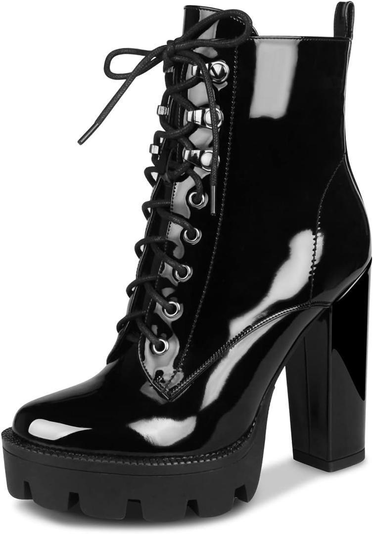 wetkiss Platform Boots for Women, Heeled Combat Boots Chunky Heel Booties Round Toe Lace Up High Heel Ankle Boots (9.5, Patent Black)