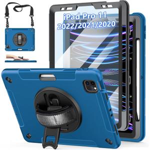 Case for iPad Pro 11 Inch 2022/2021/ 2020/2018: Cover for iPad 11 Inch 4th/ 3rd/ 2nd/ 1st Generation with Screen Protector- Stand- Handle- Shoulder Strap- Pencil Holder Blue