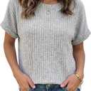 Rooscier Women's Ribbed Round Neck Rolled Short Sleeve Dressy Casual T Shirts Tops, Gray Medium