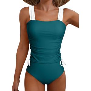 Aleumdr Womens Retro Ruched Two Piece Strappy Tummy Control Swimwear Tie Side Tankini Bathing Suit Set, Size L