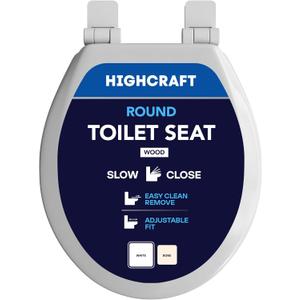 HIGHCRAFT Premium Round Toilet Seat with Slow-Close Design, Adjustable Hinges & Quick Removal Mechanism - Molded Wood Toilet Seat - Fits Standard Round Toilets - Toilet Seat in White