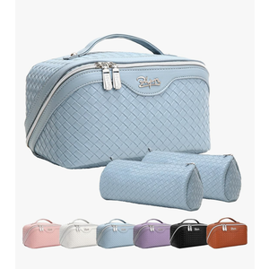 BOYATU Travel Makeup Bags for Women: Large Makeup Organizer - PU Leather Make up Bag Set of 3 - Portable Toiletry Bag with Compartments & Handle & Divider (L02 Light Blue)