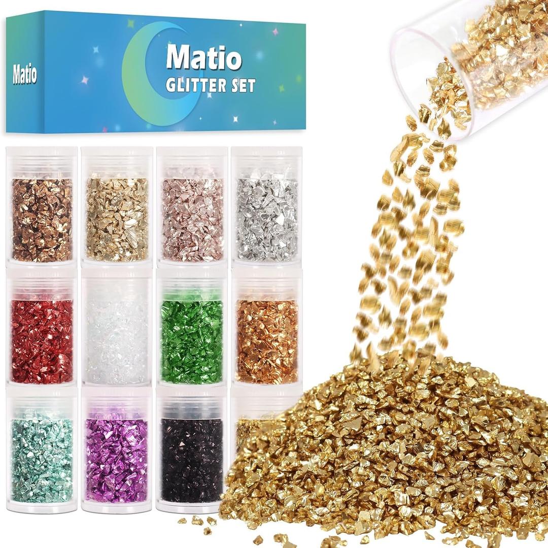 Matio 12 Colors Crushed Glass Irregular Glitter, 4.23oz/ 120g Crushed Broken Glass Sprinkle Chips for Resin Epoxy Jewelry DIY,Shattered Crystal Flakes Sequins for Nail Art Decor Phone Case Vase Filler (Metallic)