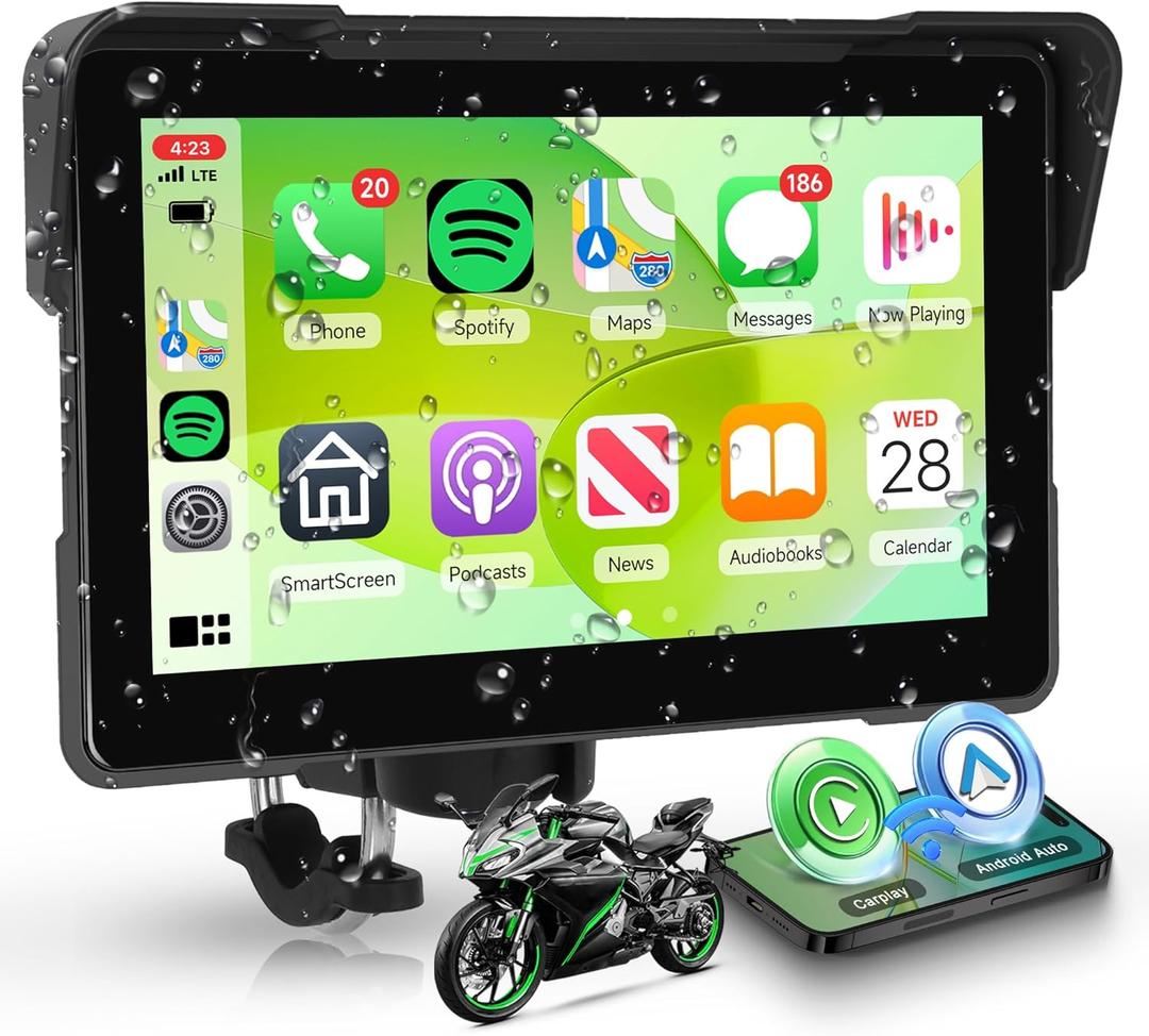 Motorcycle CarPlay Screen 7 Inch Portable Wireless Carplay Android Auto for Motorbike IP68 Waterproof Touchscreen, Supports Airplay & Android Cast, GPS Navigation, Bluetooth, EQ, Voice Control