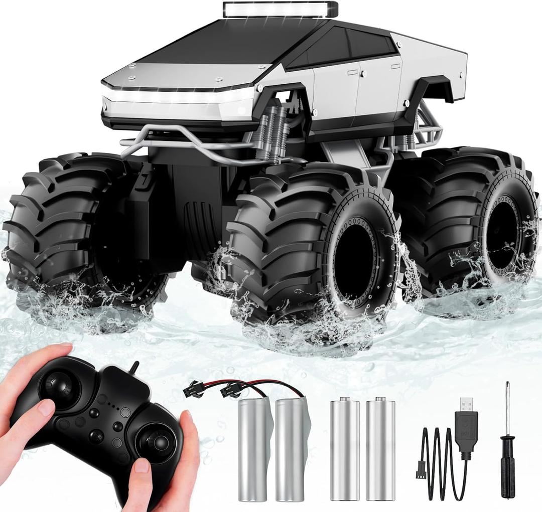 Remote Control Car, 1:18 Amphibious RC Cars, 4WD All Terrain Off-Road Pickup, 2.4GHz Waterproof Cyber Truck, 360 Rotatable Monster Truck Toys for Boys Christmas Birthday Gifts Age 6 7 8 9 10-13+ (Silver)