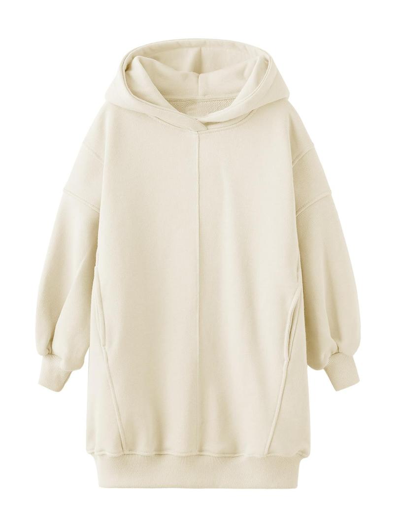 Haloumoning Girls Hoodie Dress Long Sleeve Hooded Sweatshirts Dress Cute Fall Outfits with Pockets 5-14 Years Beige