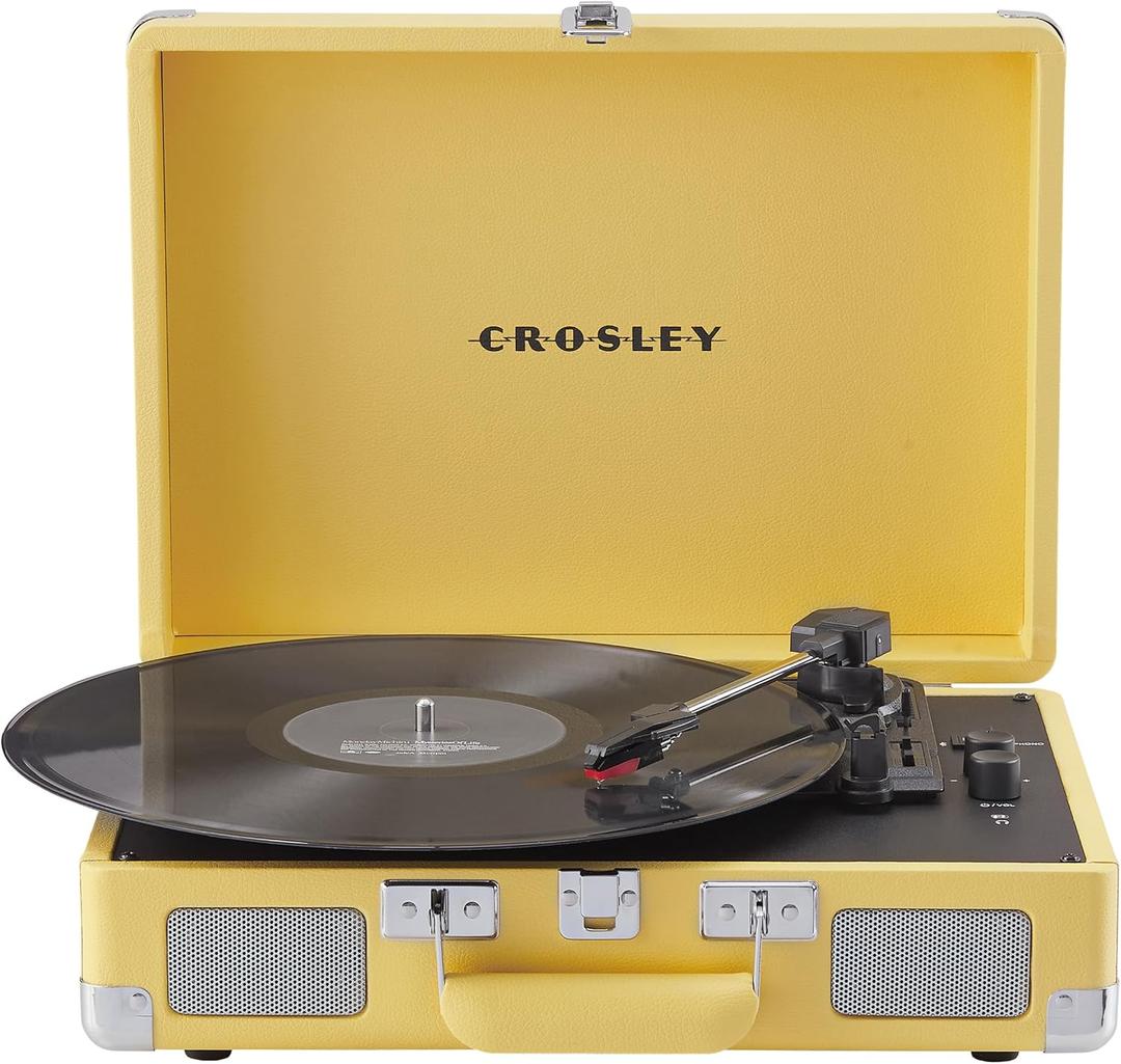 Crosley CR8005F-LY Cruiser Plus Vintage 3-Speed Bluetooth in/Out Suitcase Vinyl Record Player Turntable with Built-in Speakers, Lemon Yellow