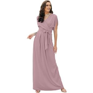 KOH KOH Womens Long Semi-Formal Short Sleeve V-Neck Floor Length Maxi Dress Gown (Pink, XL)