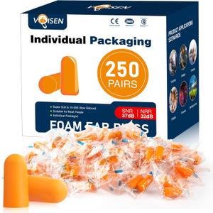 VOISEN Ear Plugs,250 Pairs Ear Plugs for Sleeping,32dB NRR 37dB SNR Ear Plugs Noise Cancelling for Snoring, Studying, Loud Events, Traveling & Concerts, Individual Package (Orange) VOISEN Ear Plugs,250 Pairs Ear Plugs for Sleeping,32dB NRR 37dB SNR Ear Plugs Noise Cancelling for Snoring, Studying, Loud Events, Traveling & Concerts, Individual Package (Orange)