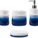 Navy Blue Bathroom Accessories Set, 4-Piece Blue Ceramic Bathroom Decorations Accessories Set,Contain Toothbrush Cup,Soap Dispenser,Soap Dish,Tumbler
