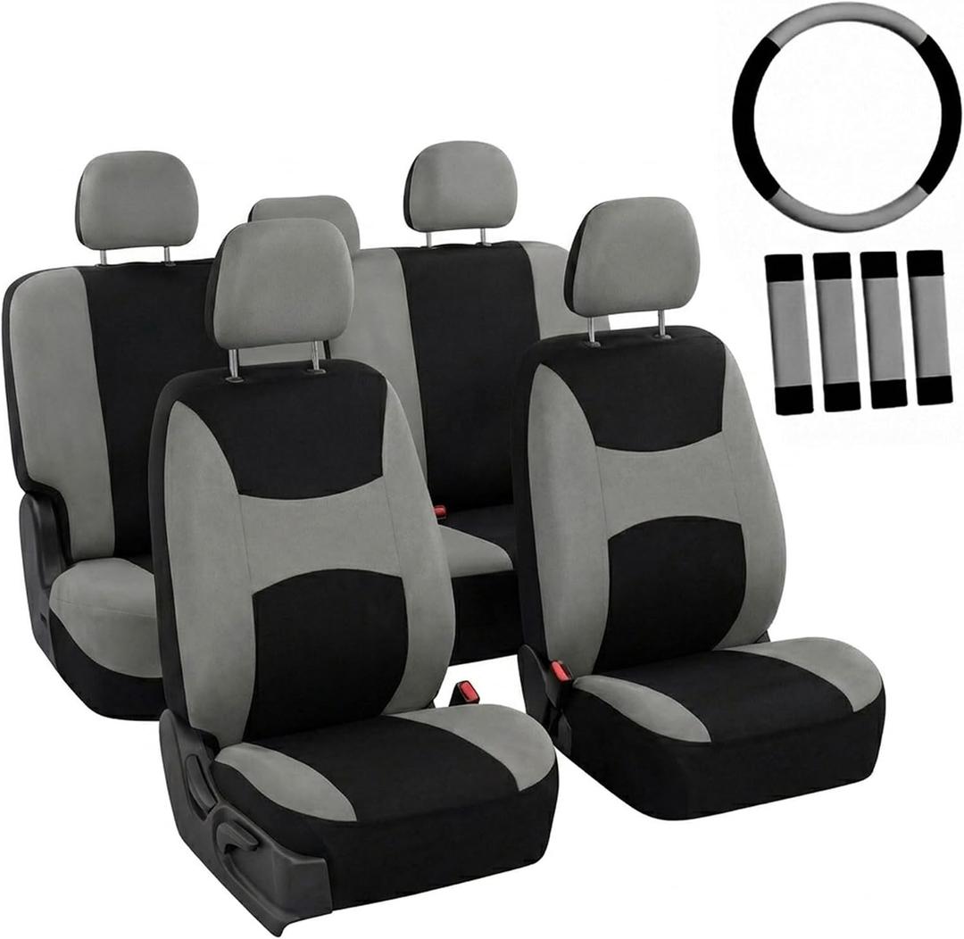 FH Group Universal Fit Gray Black Automotive Seat Covers Combo Set with Steering Wheel Cover and Seat Belt Pad fits Most Cars, SUVs, and Trucks (Airbag Compatible and Split Bench)