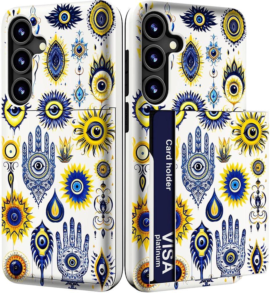 Compatible for Samsung Galaxy S24 & S25 Case Cute with Card Holder/Slim Slot Phone Cover for Women/Evil Eyes Collection Magical Religion Symbol Abstract Blue Yellow