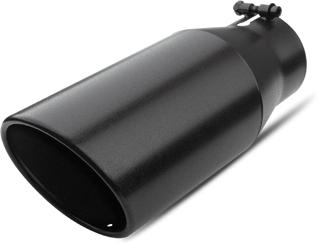 Vurkcy 3.5 inch Inlet Exhaust Tip, 5" Outlet 12" Overall Length Stainless Steel Exhaust Tail Pipe, Bolt-On, Rolled Edge, Slant Sleek Angle Cut, Polished Tailpipe, Black
