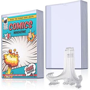 Zonon 5 Set Comic Book Display Case Set, Include Comic Book Sleeves and Clear Plastic Easels, 7.6 x 10.7 Inch Magazine Protectors for Collectors Plate Holder Display Stand Picture Stand for Decor