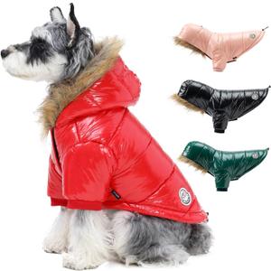PINA Winter Coat with Faux Fur Hood, Windproof and Warm, Suitable for Small to Large Dogs, Red, M (M(chest:19.6in))