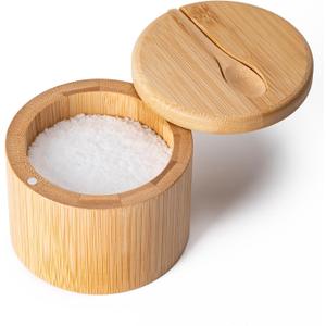 Bamboo Salt Cellar, Salt Box with Magnetic Swivel Lid, Spice Box with Spoon, Round Salt Container for Storing Salt Pepper Sugar Herbs,6 Ounce Capacity