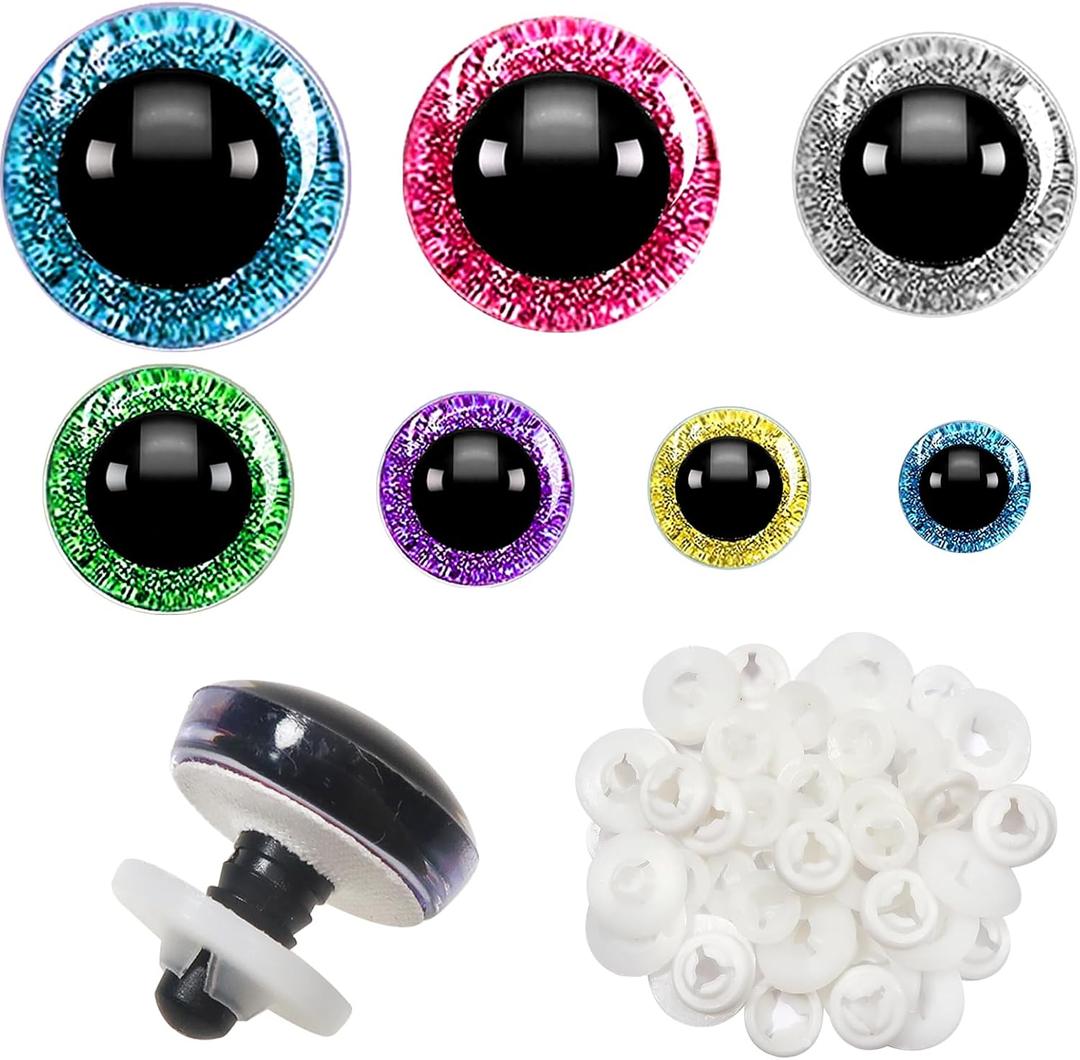 TOAOB 52pcs Glitter Safety Eyes 12mm to 30mm Crafts Crochet Plastic Doll Eyes Assorted Colors Round Stuffed Animals Eyes with Washers for DIY Amigurumi Puppet Doll Making