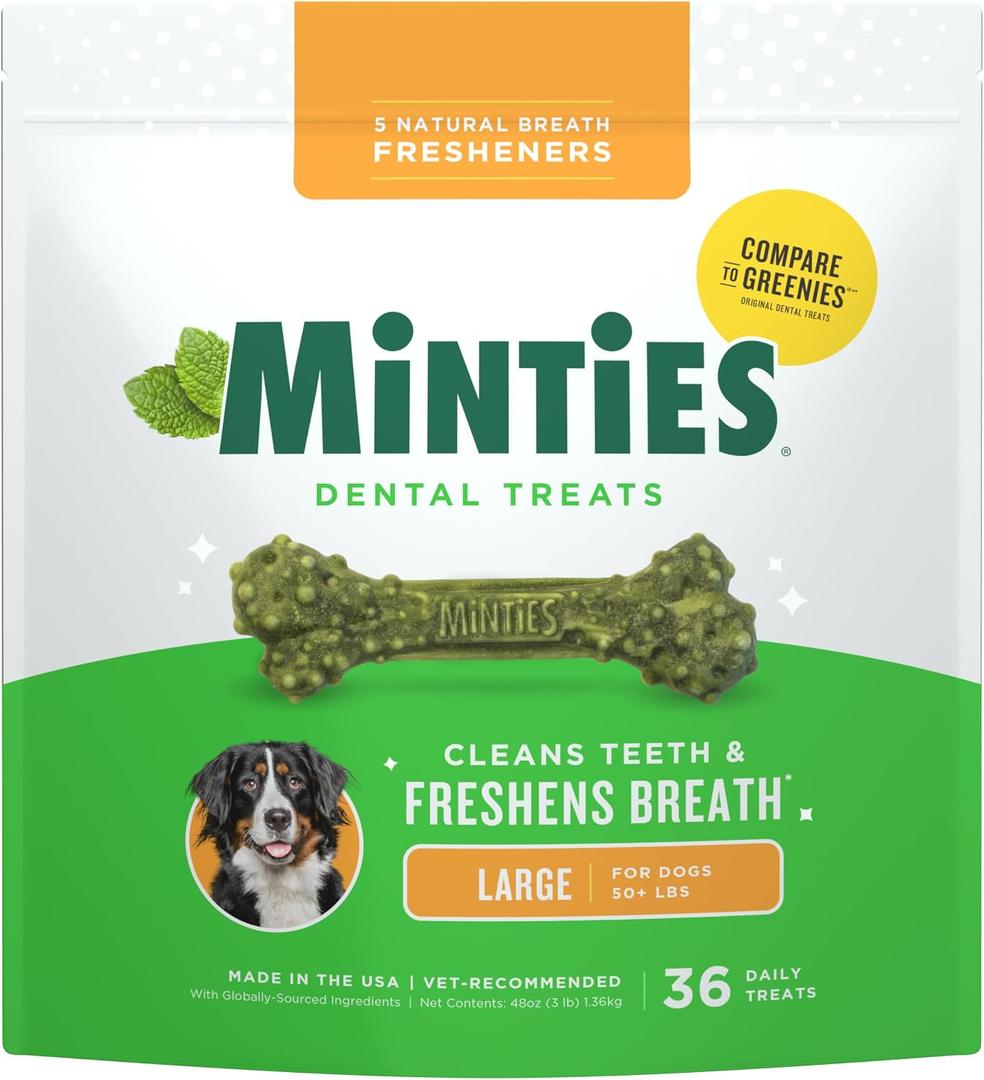 Minties Dental Chews for Dogs, 36 Count, Vet-Recommended Mint-Flavored Treats for Large Dogs Over 50 lbs, Dental Bones Clean Teeth, Fight Bad Breath, and Removes Plaque and Tartar (EXP 04/22/28)