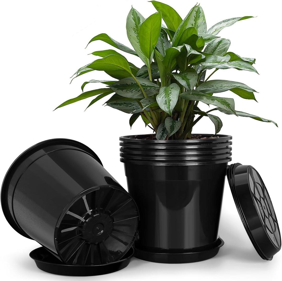 FUIJOL 3 Gallon Plastic Pots with Drip Trays, Sturdy Gallon Plant Pots with Drainage Holes, Large Gallon Pots for Flowers, Ideal for Indoor and Outdoor Use (3Gallon-6PACK)