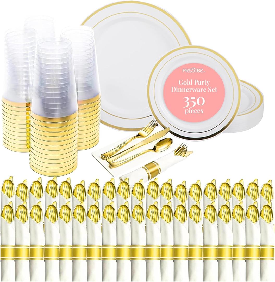 Prestee 350-Piece Engagement Party Decorations Disposable Dinnerware Set for 50 Guests - Fancy Plastic Dinner Ware Sets with Plates, Cups, Forks, Knives, Spoons - White and Gold Dinnerware Set