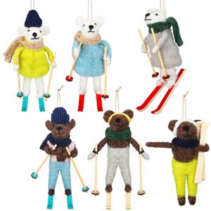 6 Pcs Christmas Tree Bear Ornaments 5.91" Skiing Bear Felt Hanging Animal Ornaments Winter Holiday Christmas Tree Gift Home Decoration