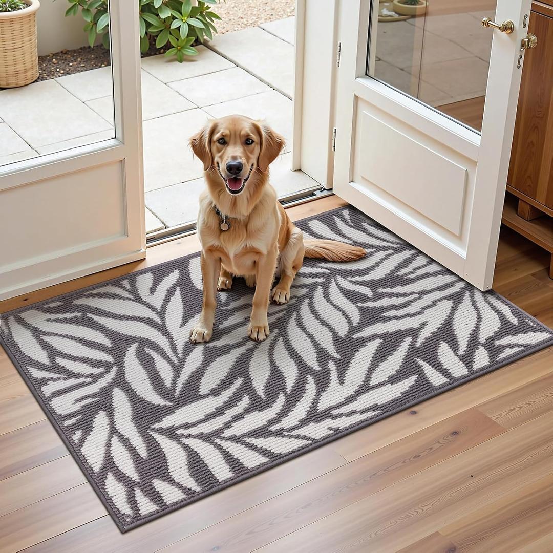 Ileading Indoor Door Mat 2x3ft, Absorbent Dog Muddy Paws Mats, Low-Profile Leaves Entrance Runner Carpet with Non-Slip Rubber Backing, Washable Inside Welcome Mat for Hallway,Entryway,Kitchen(Grey)