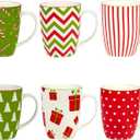 Holiday Fun Porcelain Mugs  Set of 6 Assorted 14 oz Cups with Festive Christmas Designs  Durable Porcelain Coffee or Cocoa Mugs for Holiday Parties, Gifting & Everyday Cheer