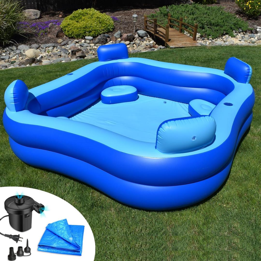 Rukala Inflatable Pool w/Seats and Headrests 8' x 8' - Complete Bundle - Electric Pump Included and Protective Tarp Included
