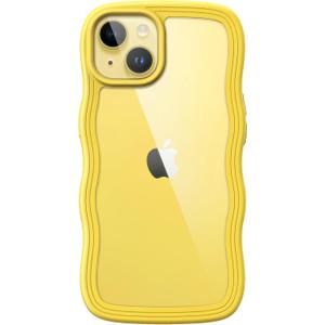 JETech Cute Case for iPhone 14 Plus 6.7-Inch, Wave Frame Curly Shape Shockproof Phone Cover for Women and Girls, Clear Hard PC Back (Yellow)