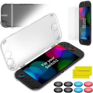 Case for Nintendo Switch 2 (2025) PC Clear Hard Case with 2 x 10H Hardness Tempered Film and 8 Silicone Protective Caps Compatible with Switch 2 Ultra Slim Design Lightweight - Clear