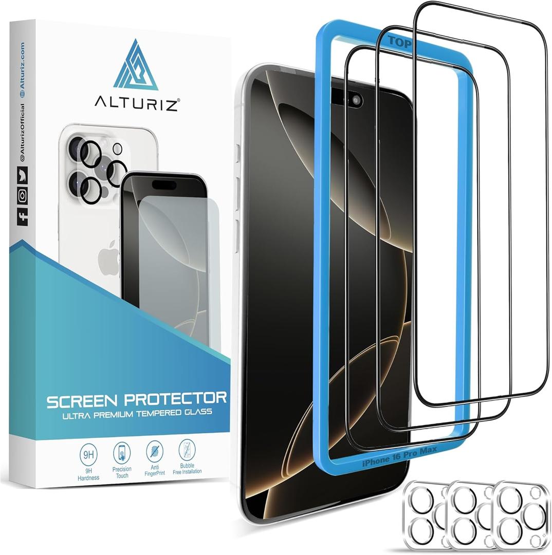 ALTURIZ 3-Pack Screen Protector for iPhone 16 Pro Max [6.9 inch] + 3-Pack Camera Lens Protector with Easy Installation Frame [9H Hardness][Shatterproof Tempered Glass][Bubble-Free][3+3 Pack]