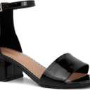 LONDON FOG Women's Nikki Low Two Piece Block Heel Dress Shoe Ladies Ankle Strap Pump Sandal (6.5, Black Patent)