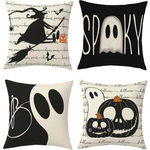 Halloween Spooky Ghost Throw Pillow Covers 18x18 Inch Set of 4 Pumpkins Ghost Witch Bats Spider Web Cushion Covers Home Decor for Couch Cushion Cases