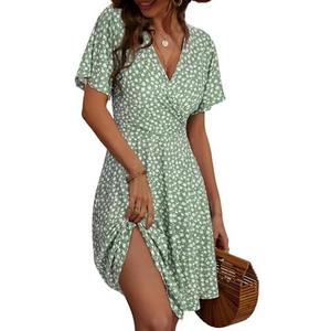 FENSACE Womens Sundress Summer Floral Short Sleeve Wrap V Neck A-Line Midi Dress 2XL Floral-32