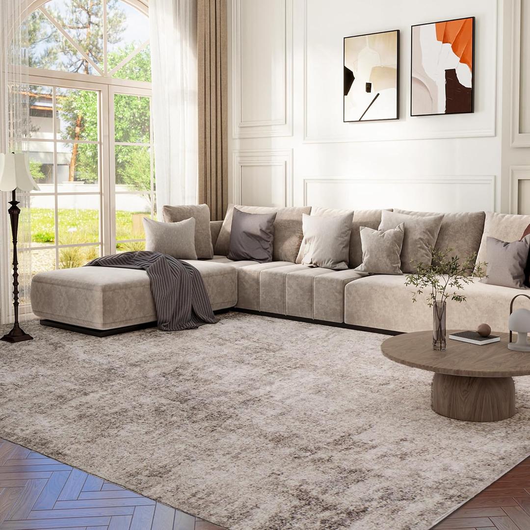 6x9 Washable Area Rug for Living Room, Non-Slip Soft Modern Abstract Large Carpet, Low Pile Neutral Rugs for Bedroom, Dining Room, Home Office, Dorm, Indoor Decor, Taupe Brown