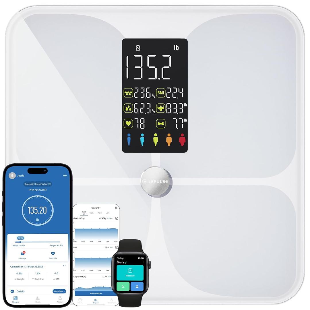 Lepulse Body Fat Scale for Body Weight, 4.68 Large Display with Trend Smart Weight Scale with BMI, Body Fat, Muscle Mass, Heart Rate, Upgraded 20 Body Composition Scale with App, Bathroom Scale White