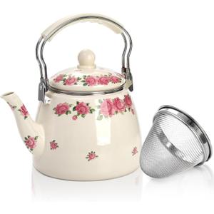 SOUJOY 3.5 Quart Enamel Tea Kettle for Stovetop, Vintage Floral Teapot with Stainless Steel Infuser and Heat-Resistant Handle for Home Kitchen Camping, Perfect Housewarming Wedding Gift