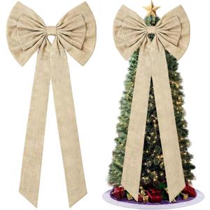 Extra Large Burlap Christmas Tree Topper Bows, Rustic Giant Christmas Bow Decorations Double-Layer Burlap Ribbon Bows with Long Streamers for Xmas Wreath Front Door Wall Wedding Farm Decor (20" X 70")