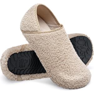 WateLves Womens & Mens Lightweight Cozy Faux Furry House Slippers - Rubber Sole Slip On Sock Shoes - Foldable Travel Slippers - Indoor & Outdoor (12.5-13 Women/10.5-11.5 Men, Fluff/Beige)