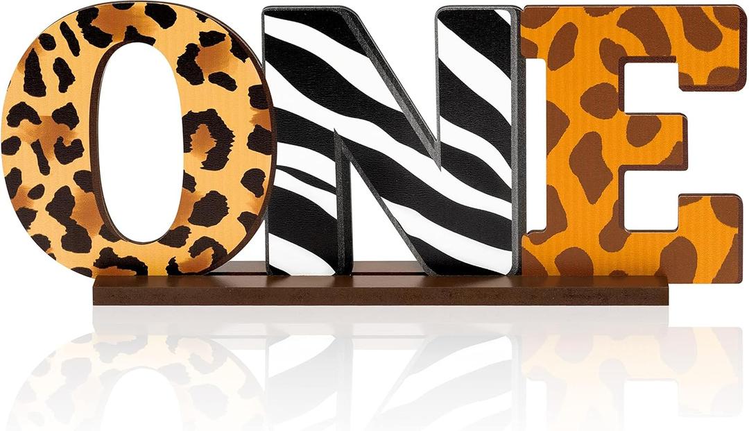 ANGOLIO Jungle Safari Animal One Letter Sign Table Wooden Centerpieces for Baby Boys,Leopard Zebra Giraffe Print 1st Birthday Party Decorations, One Years Old Birthday Party Sign Photo Props